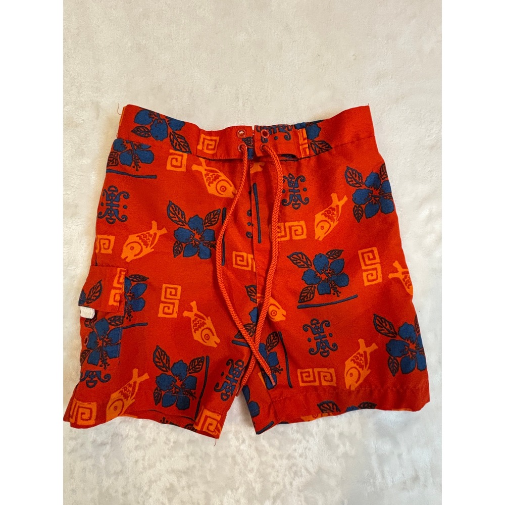 Wave‎ Zone Boys Red Tropical Hibiscus Fish Print Swim Trunks Size 18M Cargo